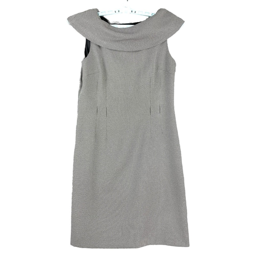 Tahari Women's Folded Neck Career Sheath Dress Size 12 Sleeveless Black White
